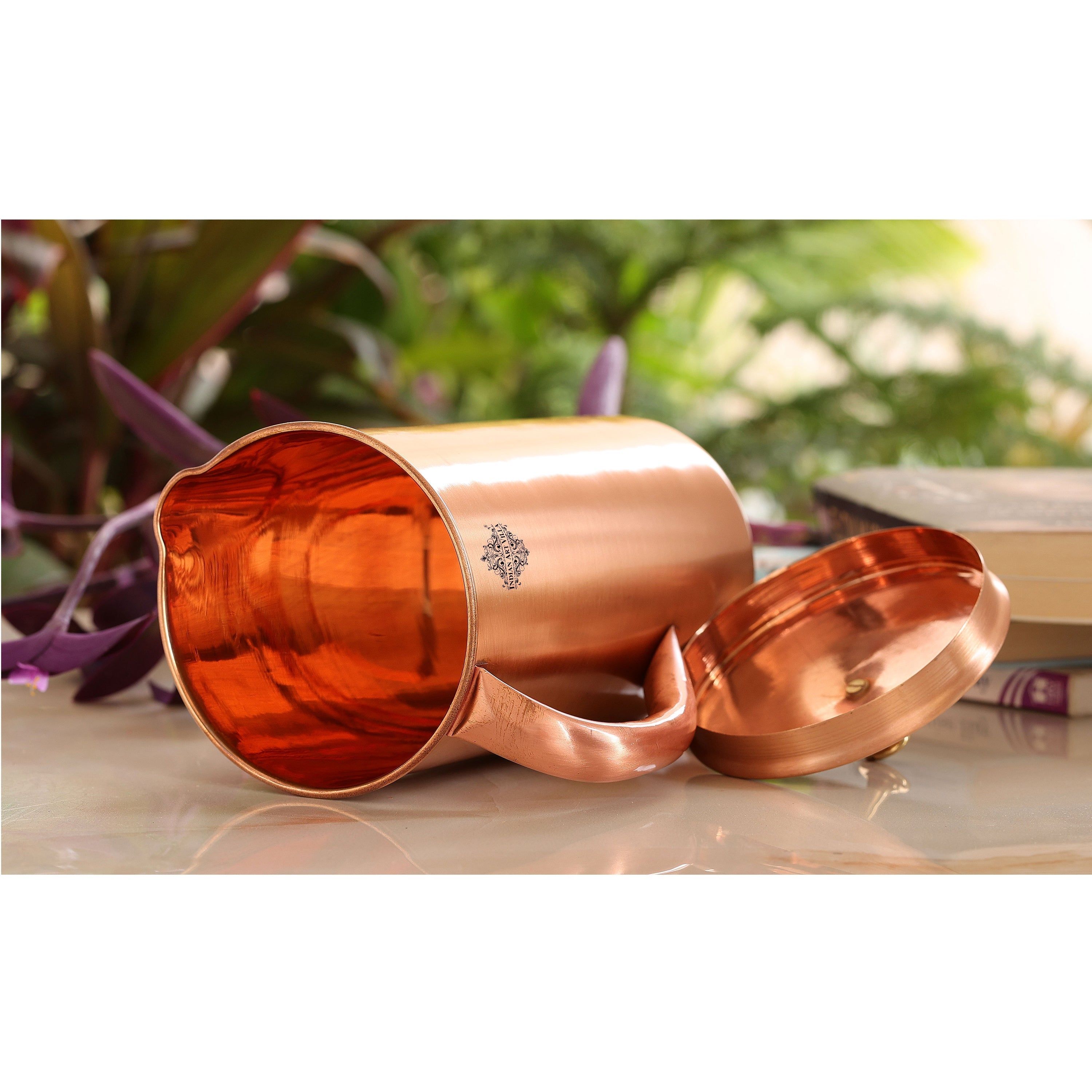 Pure copper plain jug with brass knob on lid, 1000 ML